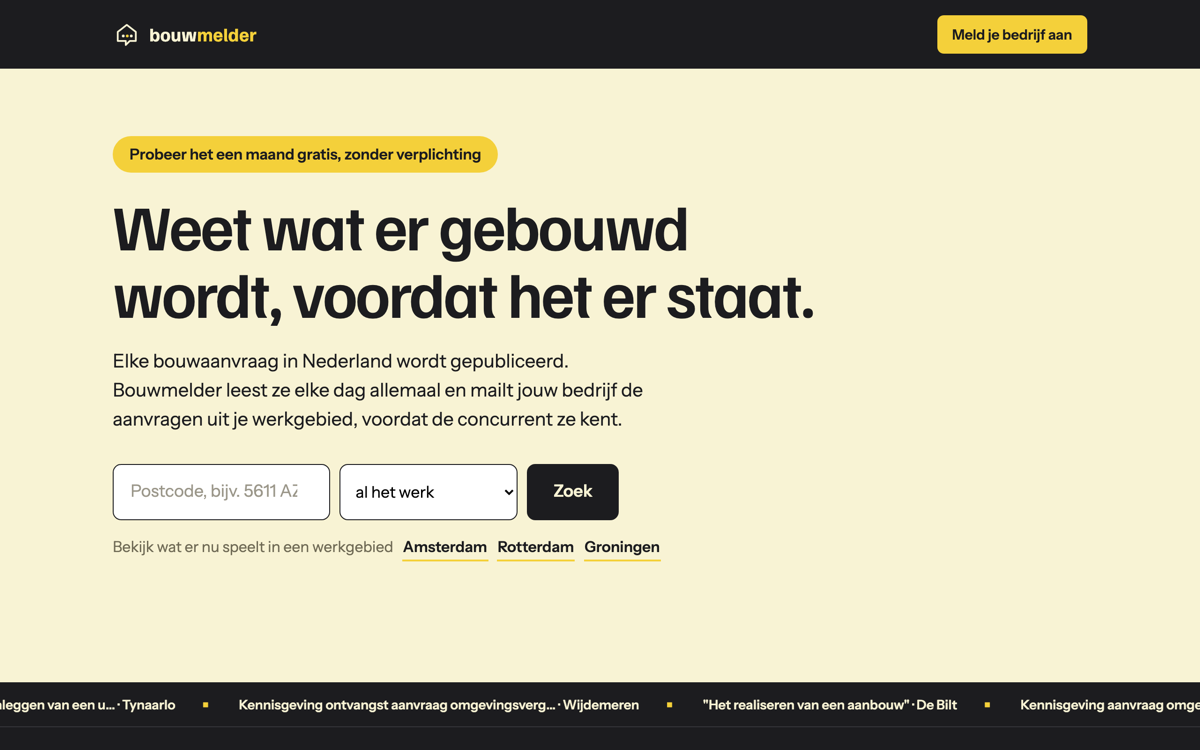Schermafbeelding van Bouwmelder: zoeken op postcode en soort werk