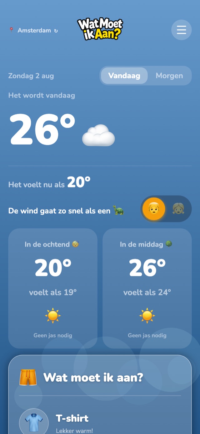 Schermafbeelding van de app Wat moet ik aan?: het weer van vandaag met kledingadvies