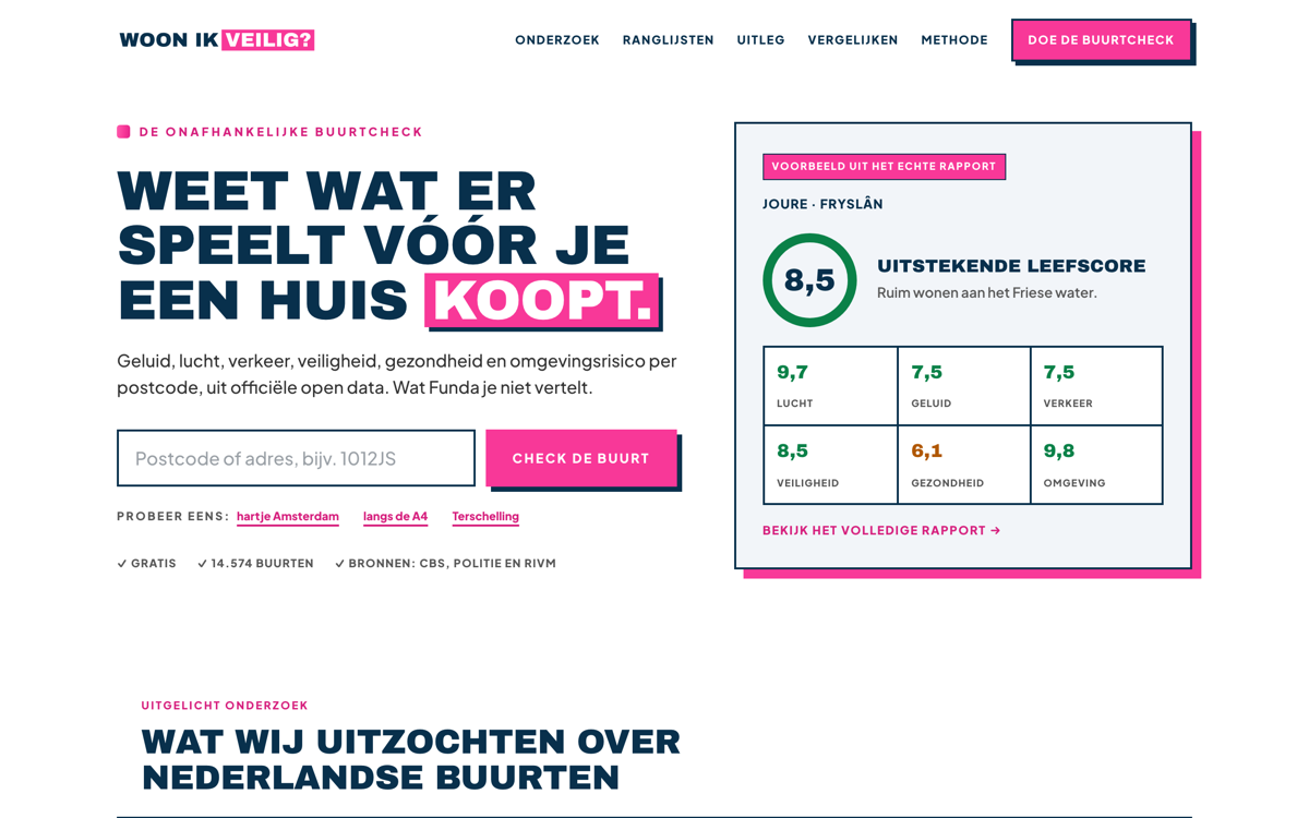 Schermafbeelding van Woon ik veilig?: leefscore per postcode met deelscores